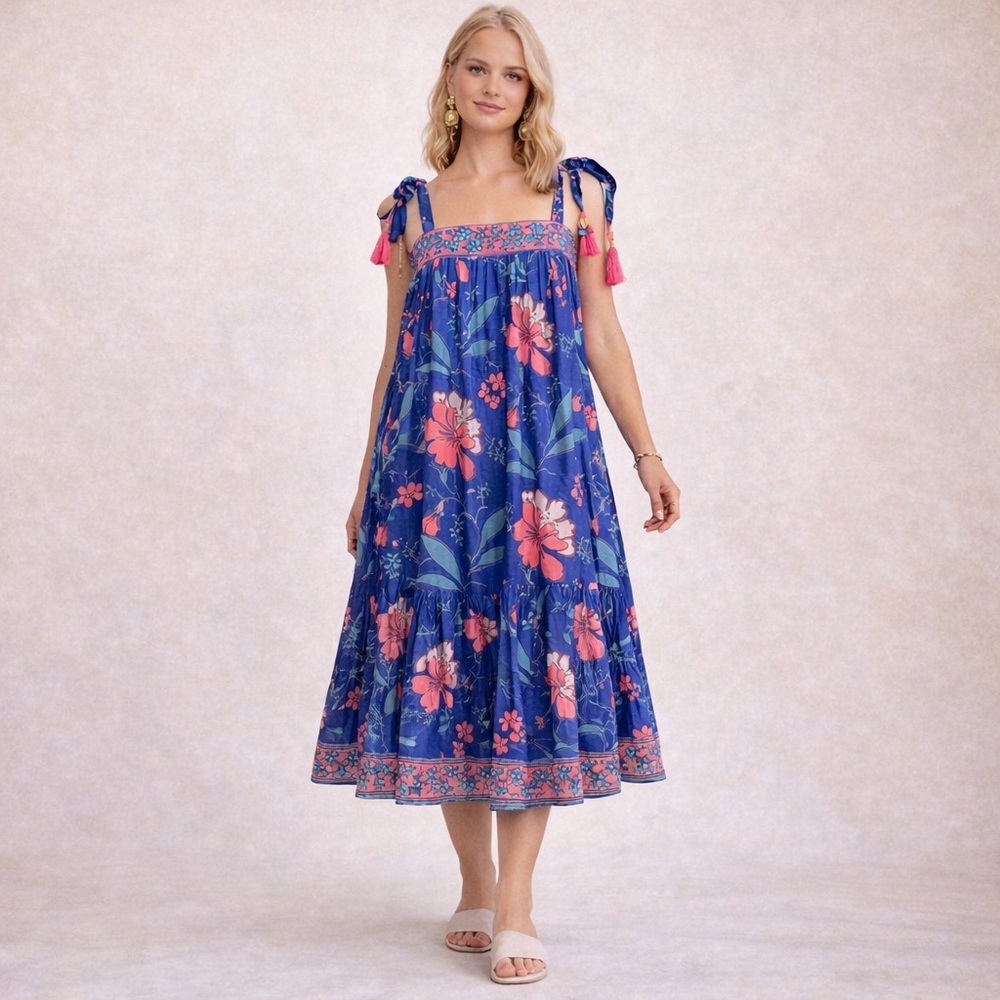 BELL‎ by Alicia Bell Tassel Tie Shoulder Floral Midi Dress Boho Resort Style